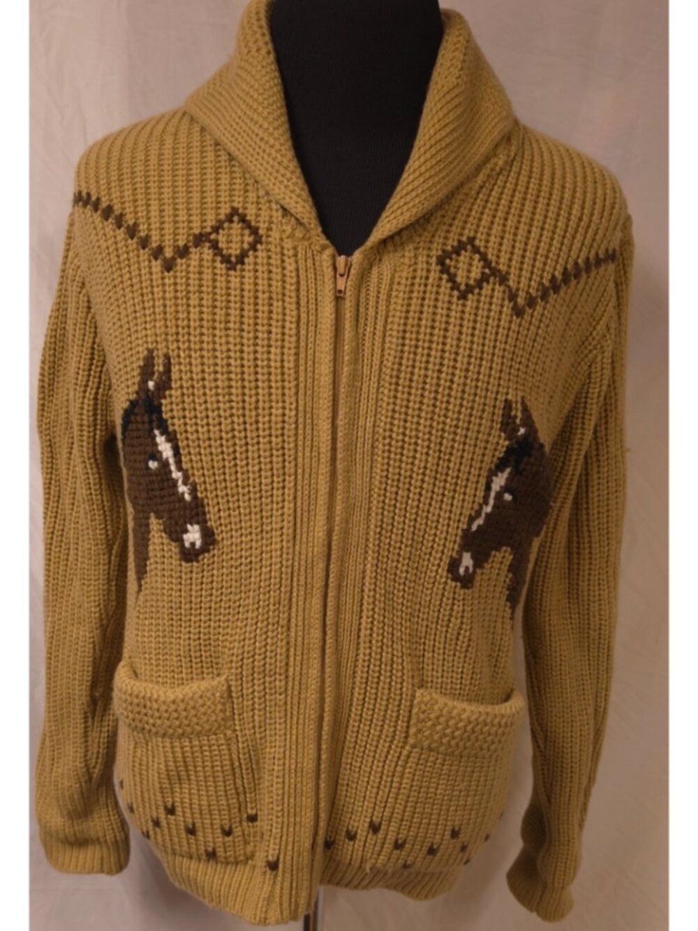 VTG 70s Miller Western Horse Knit Cardigan Sweater Mens (S) Equestrian Cowichan